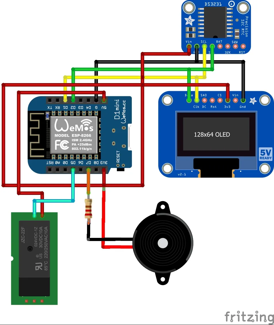 Skema rangkaian VeloLux — ESP32, LED Matrix, dan Relay Module